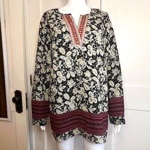 J. Peterman Floral V Neck Embroidered Long Sleeve Tunic - Size M